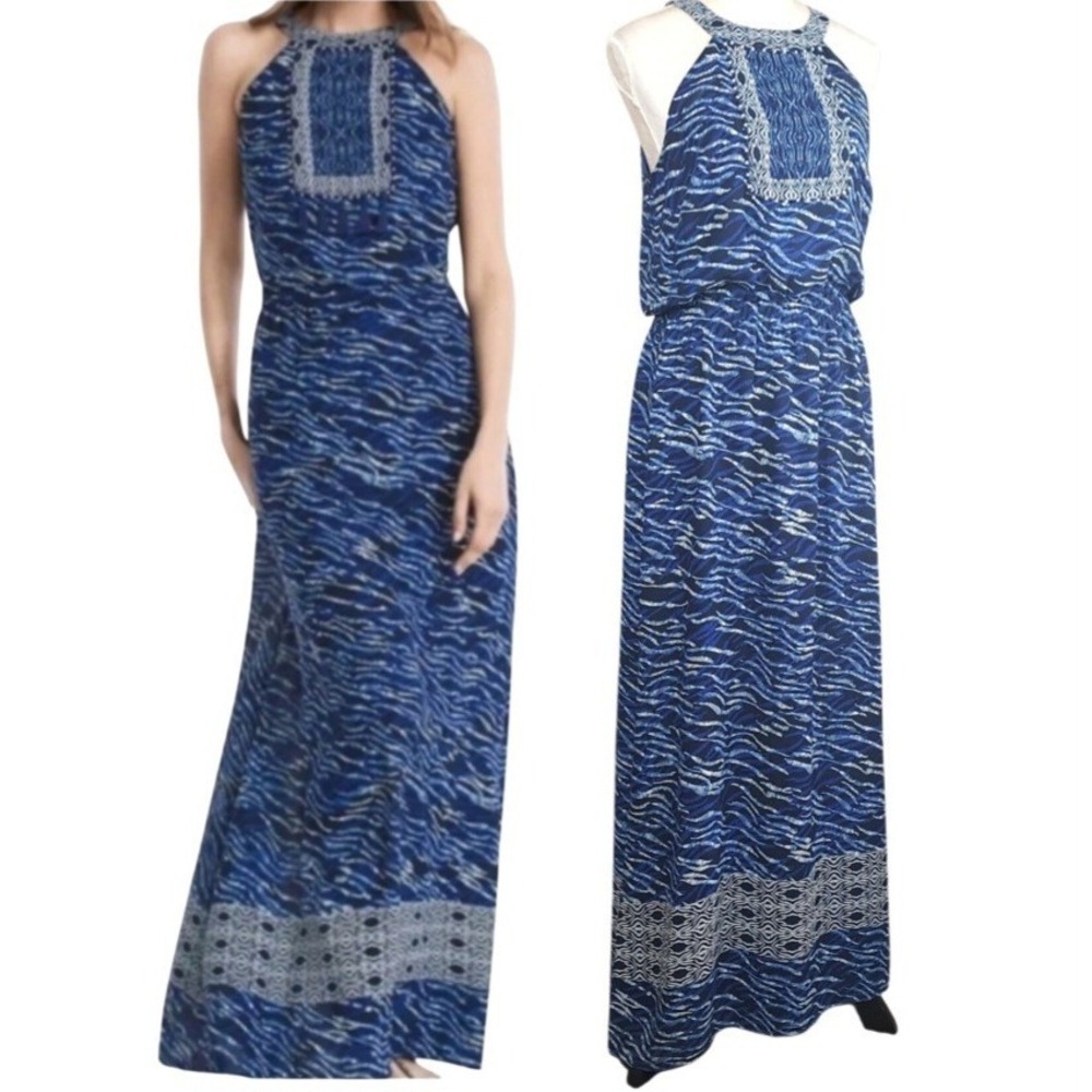 White House Black Market‎ Maxi Dress 6 Blue Printed Sleeveless Lined Side Slits